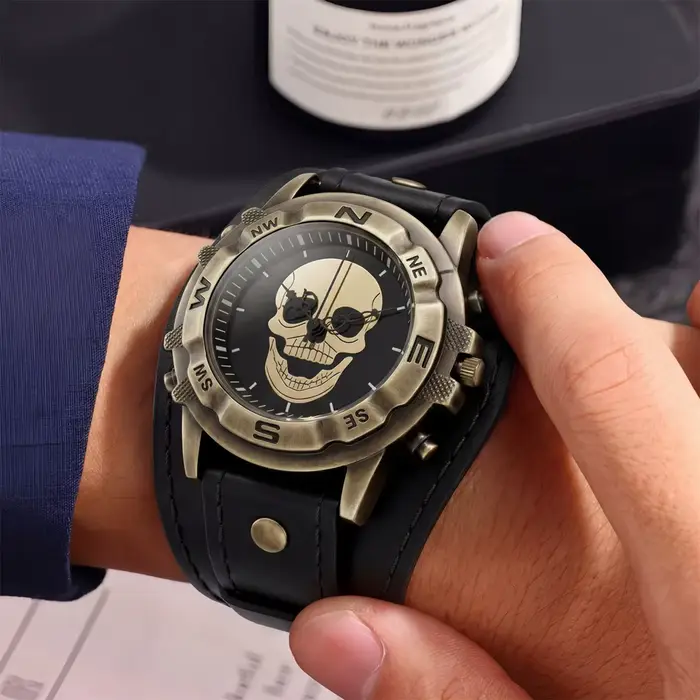 Montre homme vintage ethnique bracelet en cuir grand cadran quartz personnalisée crâne décoratif éducative occasionnels spéciaux
