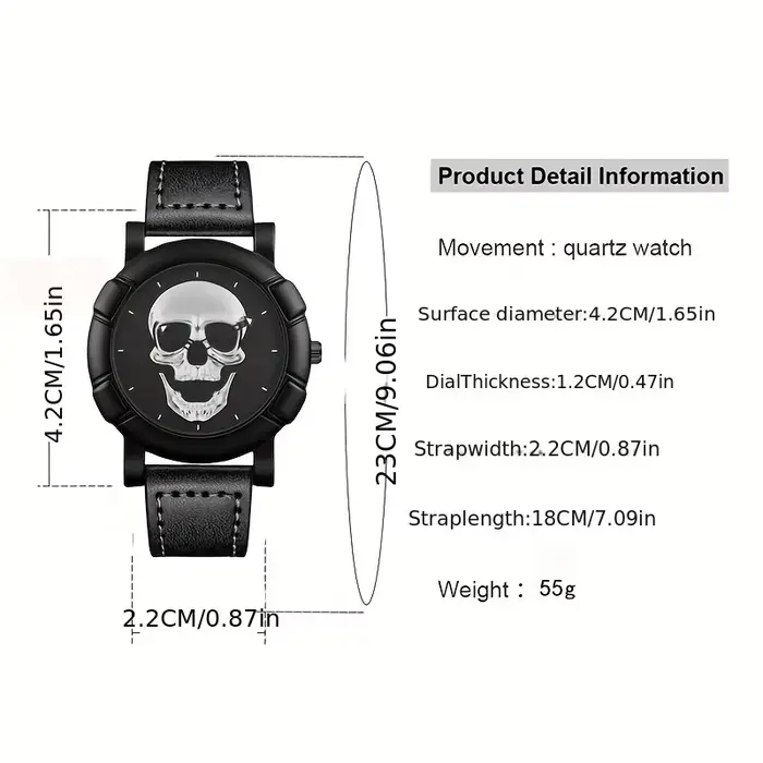 Montre RUNERR à Quartz Motif Tête de Mort Homme Occasions Spéciales Bracelet Cuir PU Bronze Noir