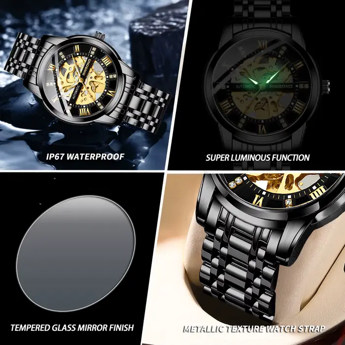 Montre mécanique squelette BINBOND pour hommes luxe lumineuse résistante à l'eau occassions spéciales et quotidiennes