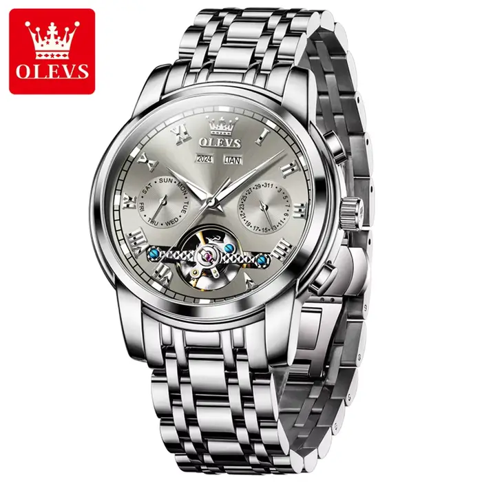 OLEVS 6607 montres entièrement automatiques en acier inoxydable squelette volant double calendrier haut de gamme marque montre-bracelet mécanique pour hommes