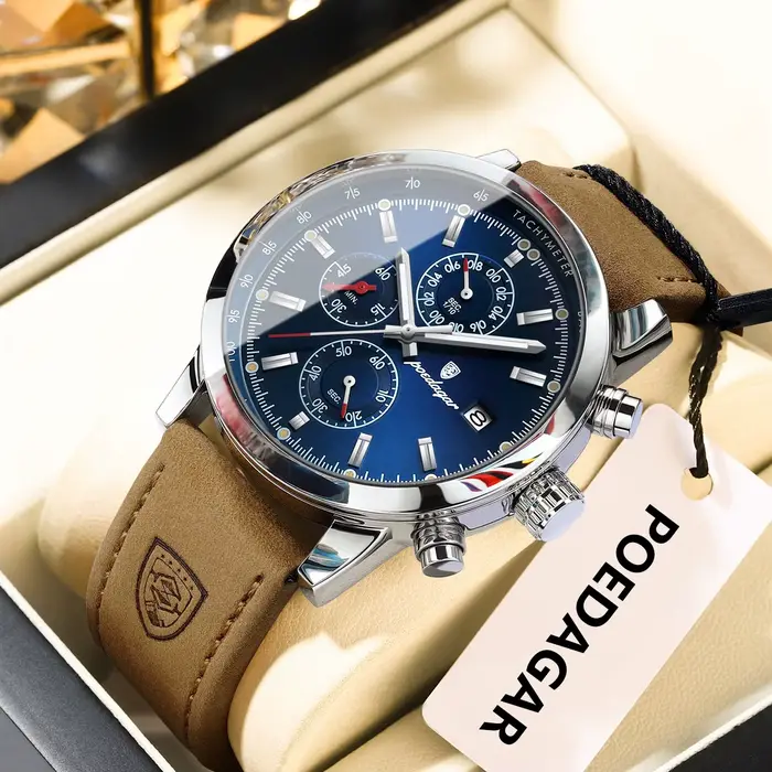 POEDAGAR Original mode homme montre Date chronographe en cuir étanche lumineux hommes