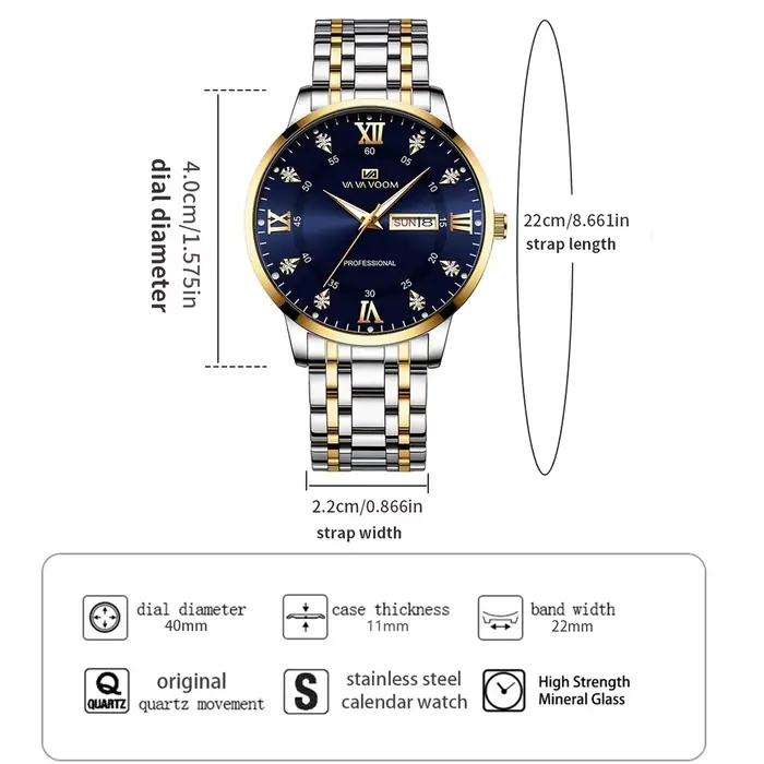 VA VA VOOM Top marque de luxe hommes montre semaine mouvement à Quartz horloge d'affaires noir en acier inoxydable 3Bar