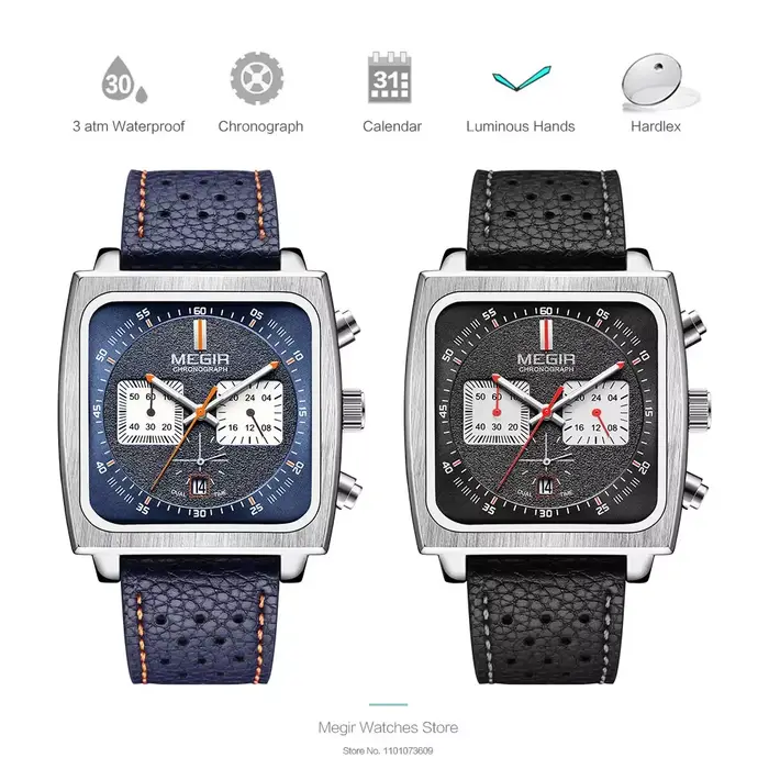 MEGIR 2182 cadran carré montre à Quartz pour hommes mode et élégant Date d'affaires chronographe bleu noir bracelet en
