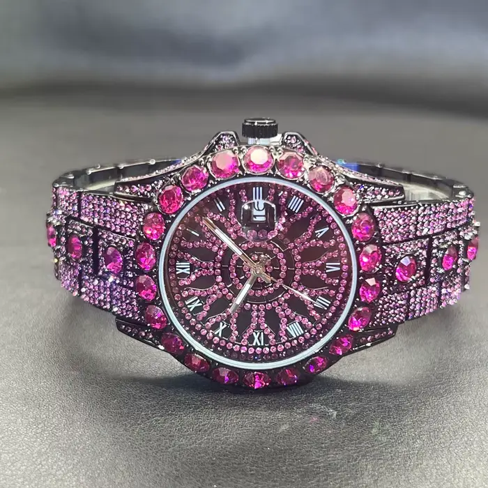 Vente chaude Rose glace montre pour hommes marque de mode MISSFOX Hip Hop plein diamant luxe bijoux Quartz montre-bracelet homme nouveau 2025