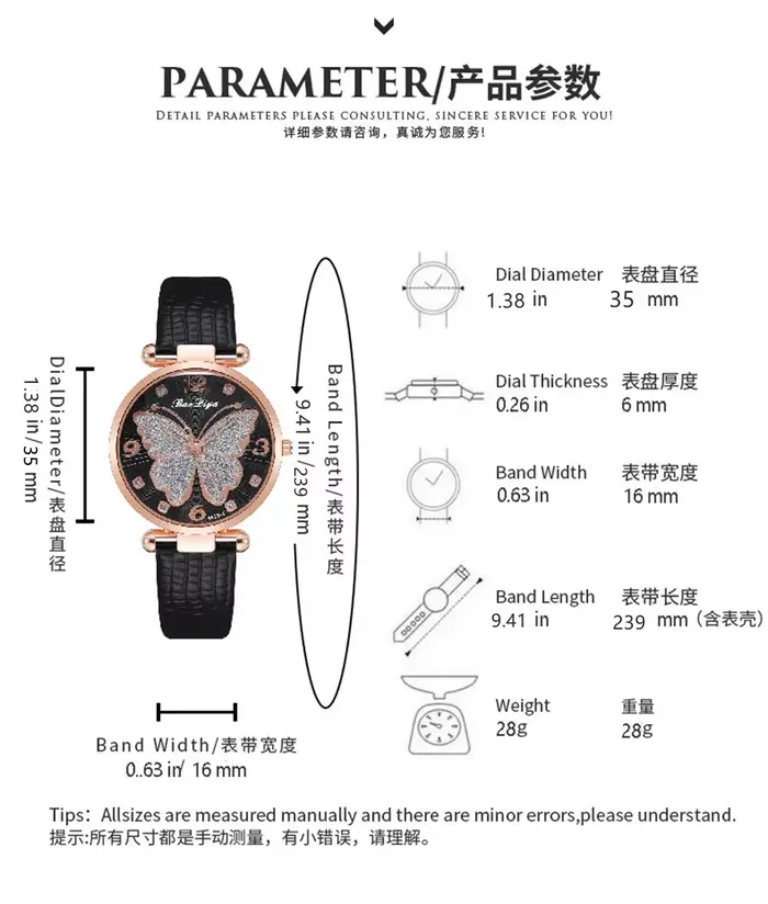 Montre à quartz analogique avec bracelet en cuir pour femme