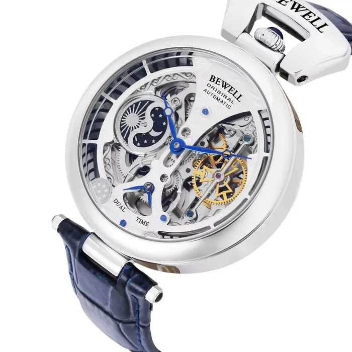 Montre mécanique automatique avec coque arrière transparente et bracelet en cuir véritable pour homme, résistance à l'eau, affichage analogique-digital, fermoir à boucle déployante