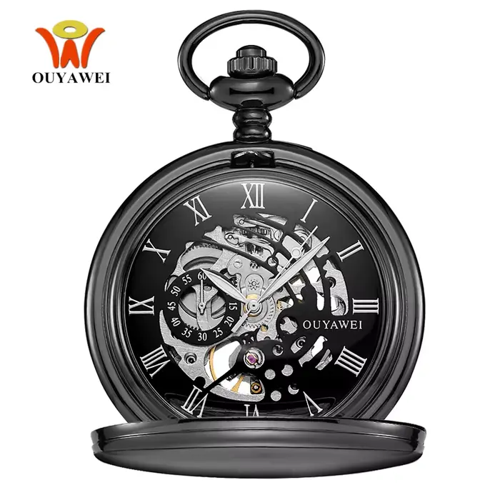 Montre de poche vintage mécanique pour hommes squelette noir remontage manuel montres Fob pour occasions spéciales et cadeaux de mariage