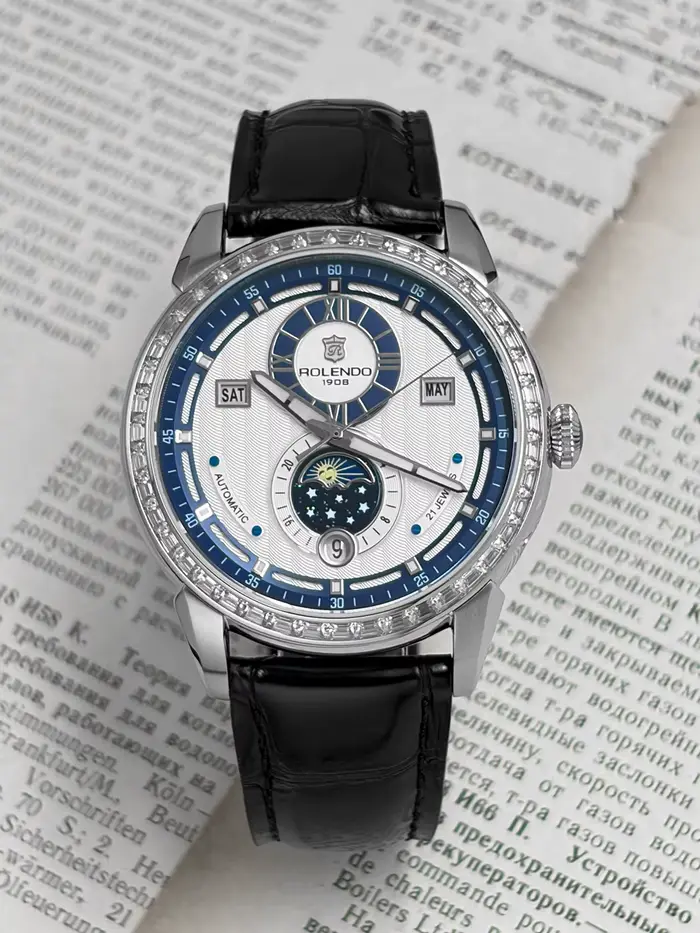 ROLENDO 1908 Montre mécanique automatique pour homme, bracelet en cuir lumineux avec diamants, étanc