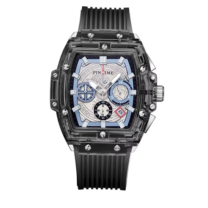 Montre pour homme en forme de baril avec bracelet en silicone, grand cadran, multifonction, style mé