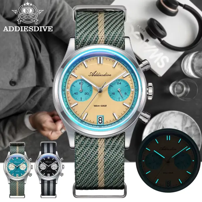 ADDIESDIVE 2025 nouvelle montre pour hommes 60min chronographe Quartz montre-bracelet bulle miroir verre lumineux