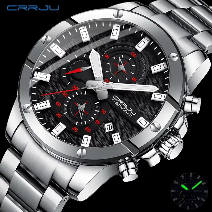 Montre-bracelet étanche CRRJU avec chronographe lumineux et calendrier complet pour homme style fashion et casual occasions spéciales