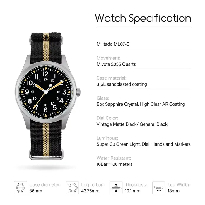 Militado ML07 montres à Quartz Vintage mis5 Super 2035 mouvement saphir ou K1 lumineux 36Mm étanche