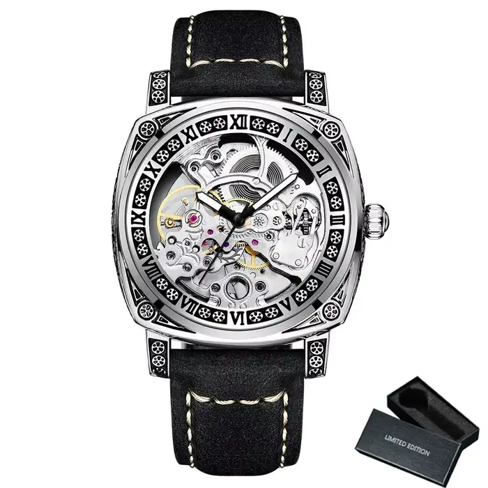 Montre squelette de luxe pour homme, automatique mécanique, cadran carré gravé, bracelet en acier et