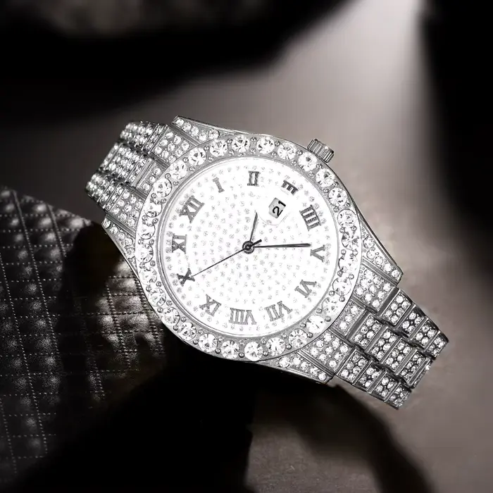 Montre en argent à quartz entièrement sertie de diamants, style hip-hop, montre-bracelet de luxe exq