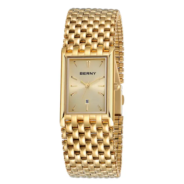 montre homme Montre de luxe dorée rectangulaire pour hommes, montre-bracelet à Quartz en acier inoxy