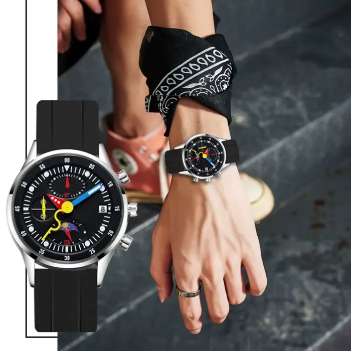 Montre à quartz multifonctionnelle pour homme avec phases lunaires et aiguilles colorées