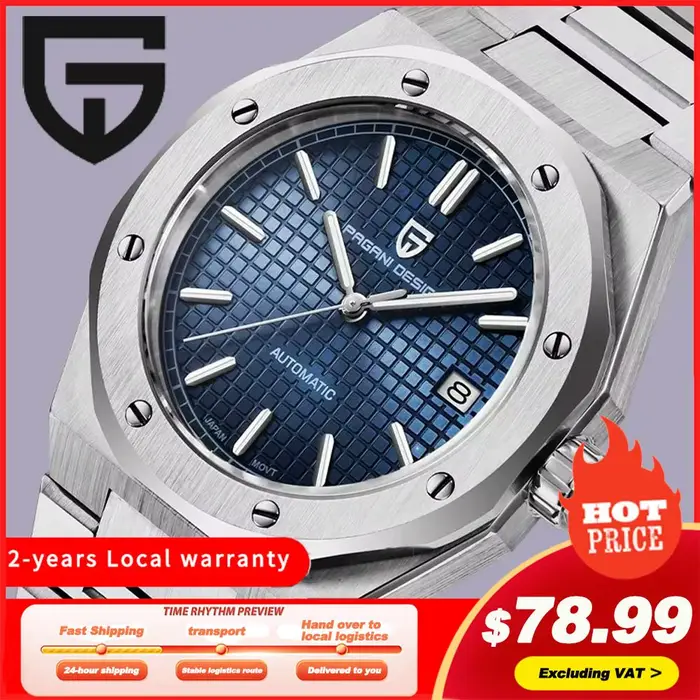 Montre PAGANI DESIGN PD1673 en acier inoxydable avec mouvement mécanique automatique pour homme, résistante à l'eau, bracelet en acier inoxydable, pour diverses occasions et styles