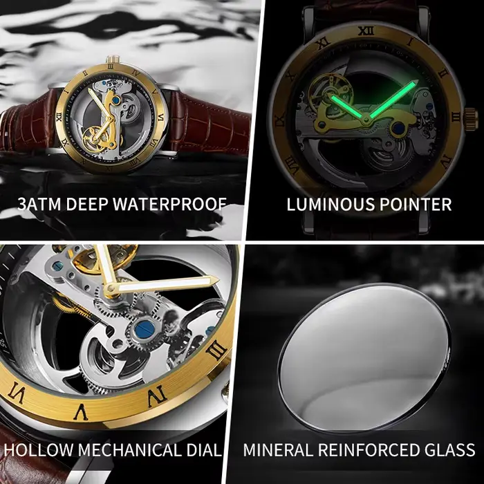 Montres-bracelets mécaniques pour hommes montres pont doré squelette automatique mécanique montre