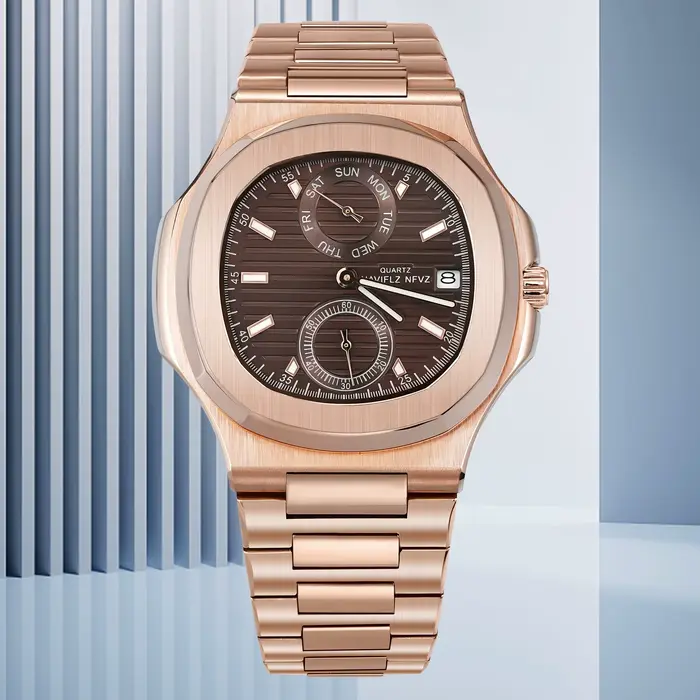 NAVIFLZ NFVZ 2025 Nouvelle Montre Classique Homme Or Rose Marron Montre à Quartz de Luxe pour Homme en Acier Inoxydable avec Verre Saphir