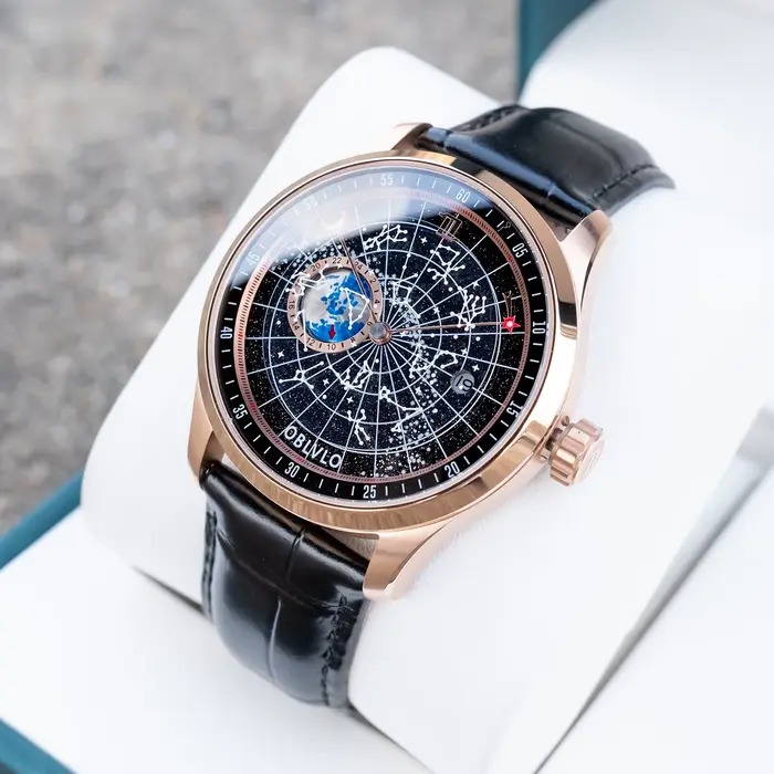 Montre mécanique de luxe OBLVLO pour homme, cadran bleu lumineux avec lunette en cristal, bracelet e