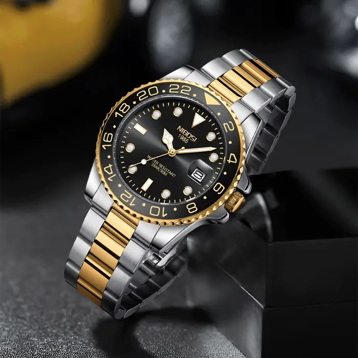 Montre homme NIBOSI de luxe GMT à quartz avec date automatique résistante à l'eau pour homme occassions spéciales