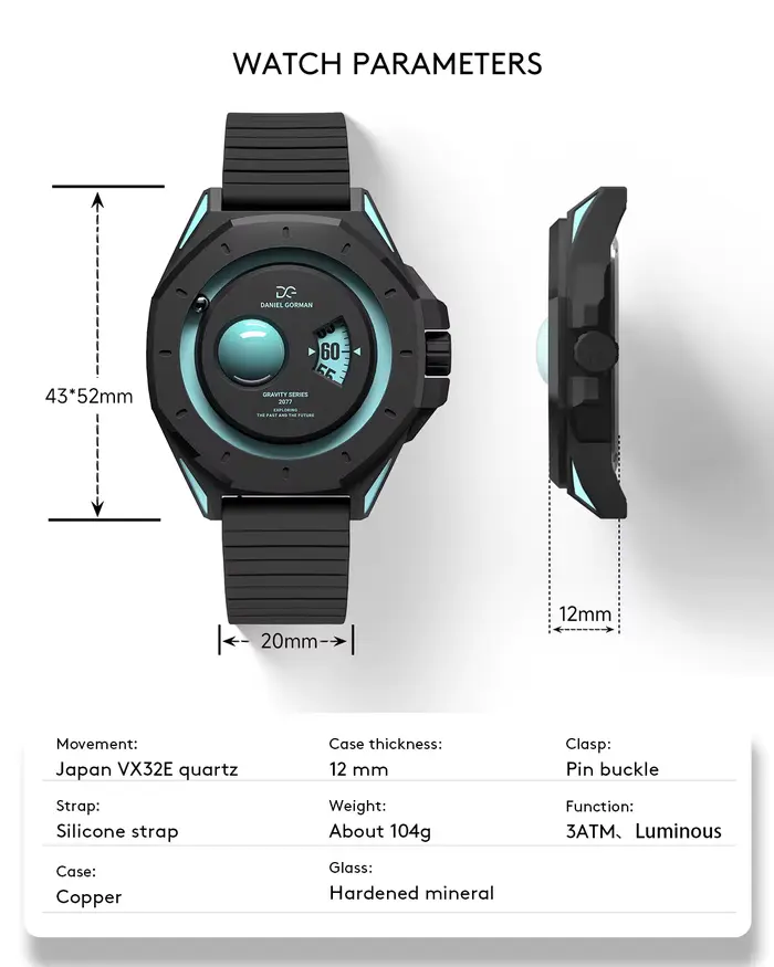 Montre à quartz pour homme Daniel Gorman Gravity Series - Cadran bleu glace Uranus