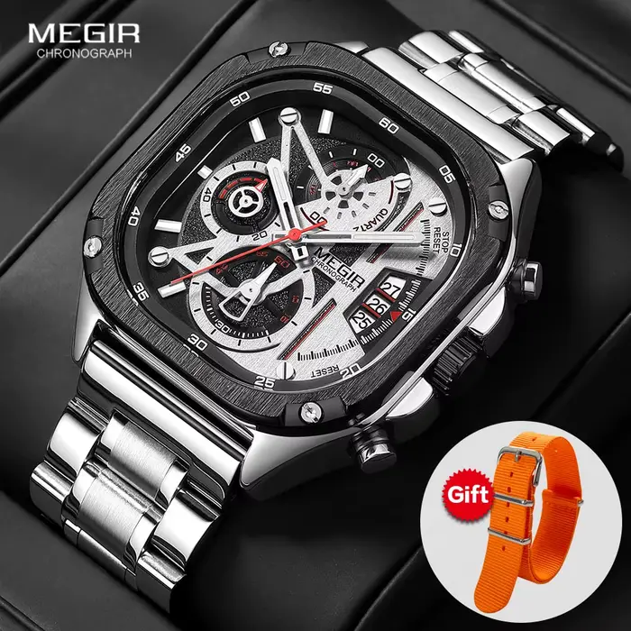 MEGIR – montre à Quartz chronographe Orange pour hommes