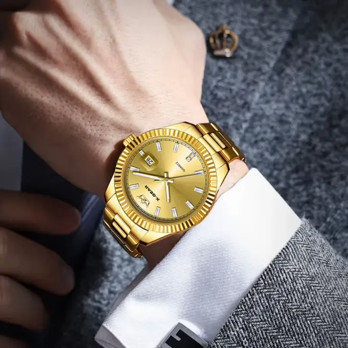 Montre-bracelet homme X-GEAR acier inoxydable or et vert style business casual avec calendrier mouvement quartz résistance à l'eau 5 bars pour femmes occasions spéciales