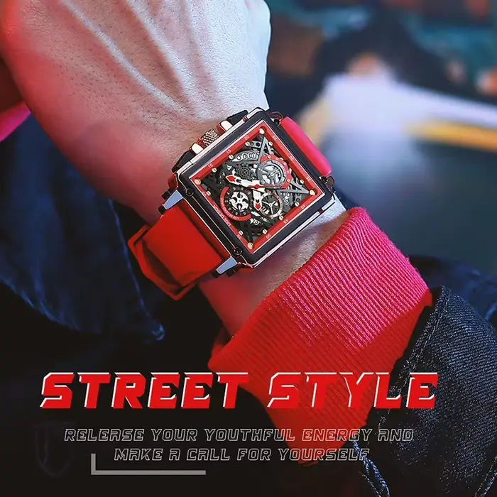 Montre sportive homme hollow carrée résistante à l'eau avec bracelet silicone et mouvement quartz haute précision occasions spéciales
