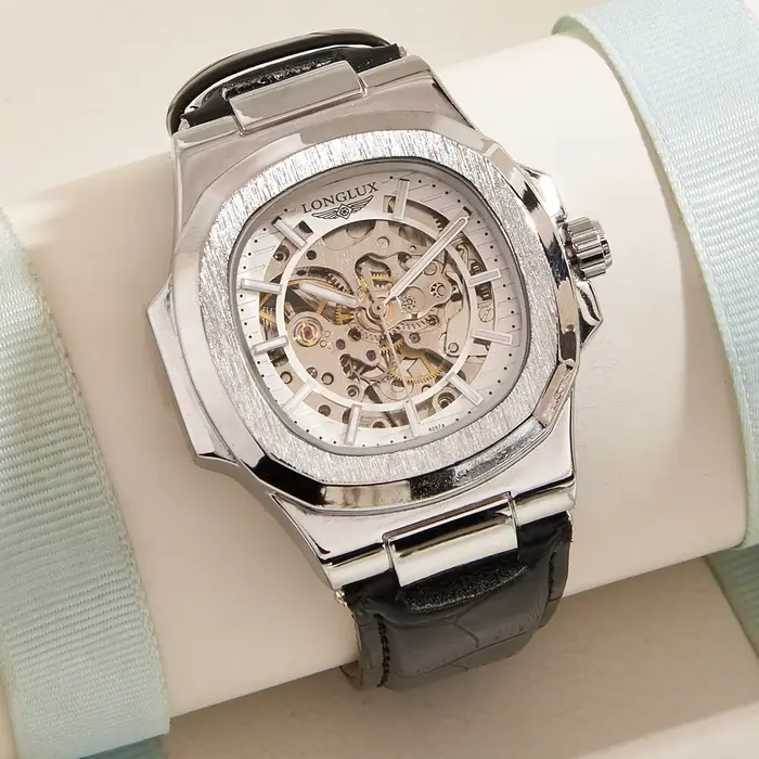 Montre automatique LONGLUX pour homme avec mouvement squelette et résistance à l'eau pour les occasions spéciales et le quotidien