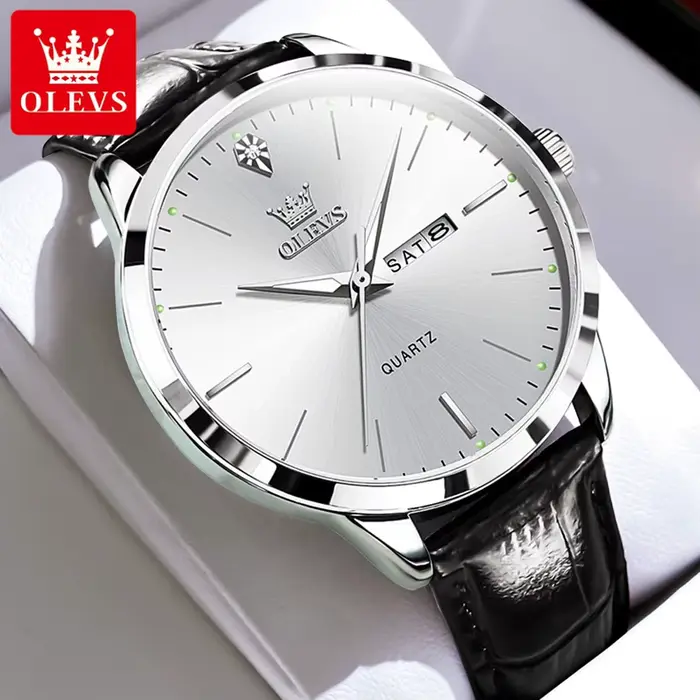 OLEVS-Montre à Quartz Étanche avec Bracelet en Cuir pour Homme, Simplicité, Touriste, Calendrier, Gr