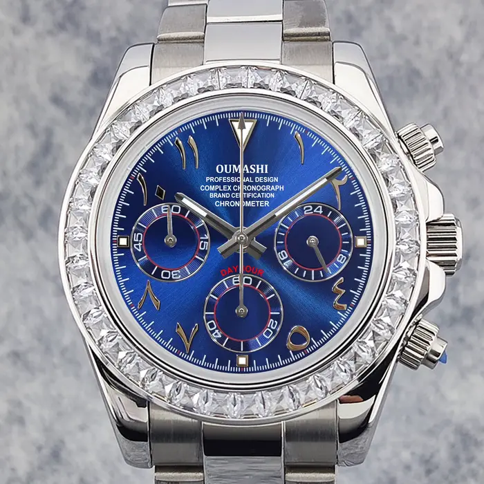 OUMASHI 42mm argent diamant lunette Index arabe montre chronographe pour hommes VK63 mouvement à Quartz lumineux verre saphir étanche