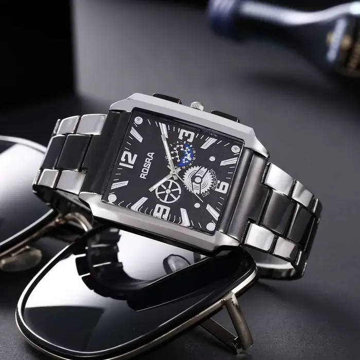 Hommes montres en acier mode élégant cadran rectangulaire