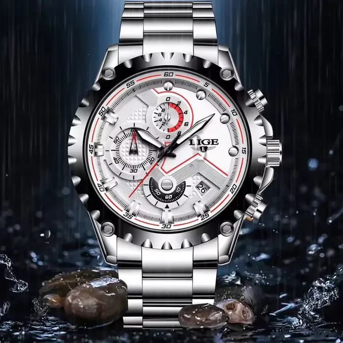 Montre Hommes LIGE Argent Acier Inoxydable Chronographe Résistante à l'Eau Occasions Spéciales