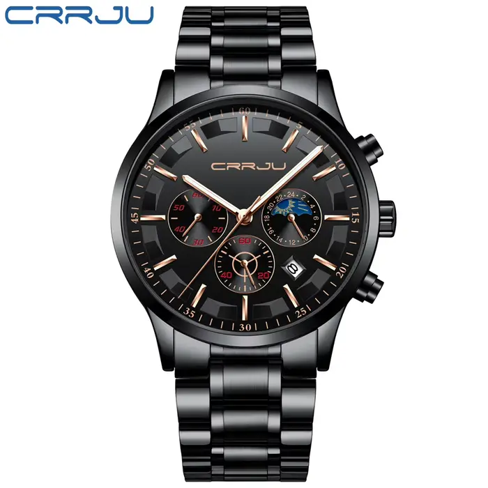 CRRJU-Montre à quartz étanche en acier pour homme, montres de sport, horloge noire, mode d'affaires, marque supérieure, luxe