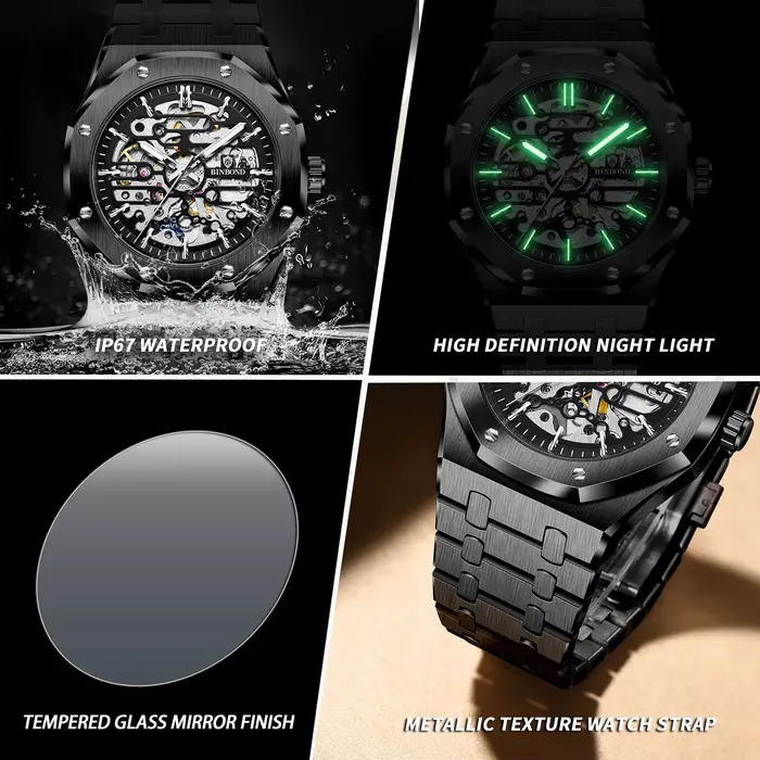 Montres mécaniques BINBOND squelette tourbillon résistantes à l'eau pour homme occasions spéciales style luxueux fournissons quatre couleurs différentes de bracelets