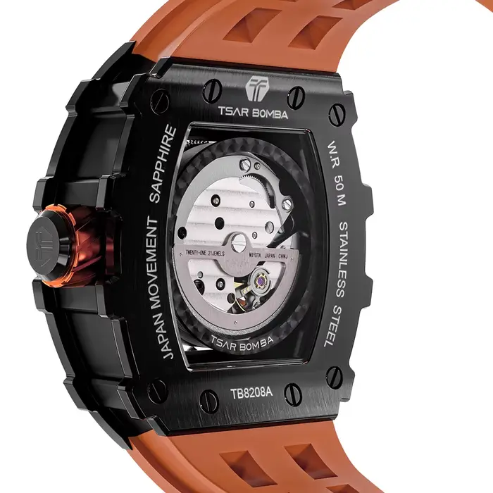 TSAR BOMBA Montre automatique pour homme Mouvement MIYOTA Squelette Tonneau Montre-bracelet étanche Horloge de luxe