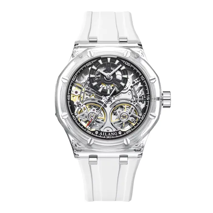 Blanc Double Tourbillon hommes montres de luxe automatique montre mécanique en caoutchouc sport décontracté