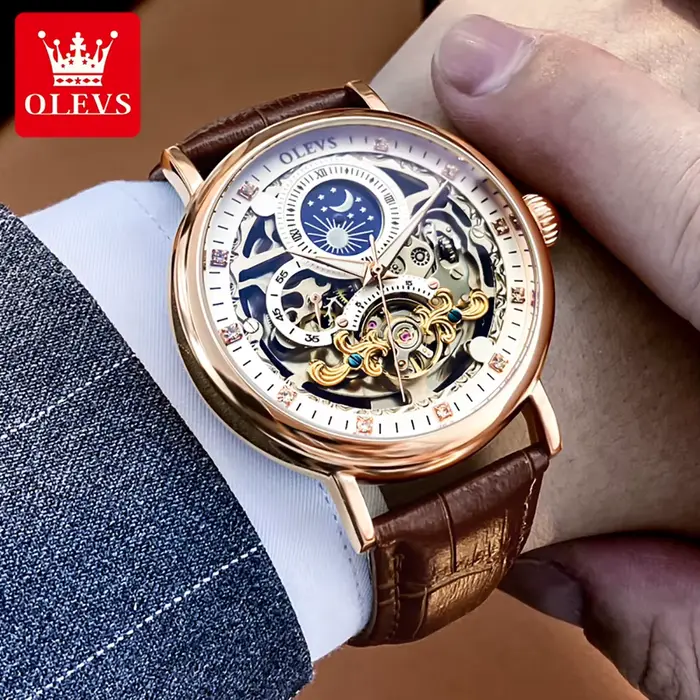 Montre mécanique OLEVS luxe avec tourbillon squelette phase de lune pour homme cuir résistant à l'eau occassions spéciales