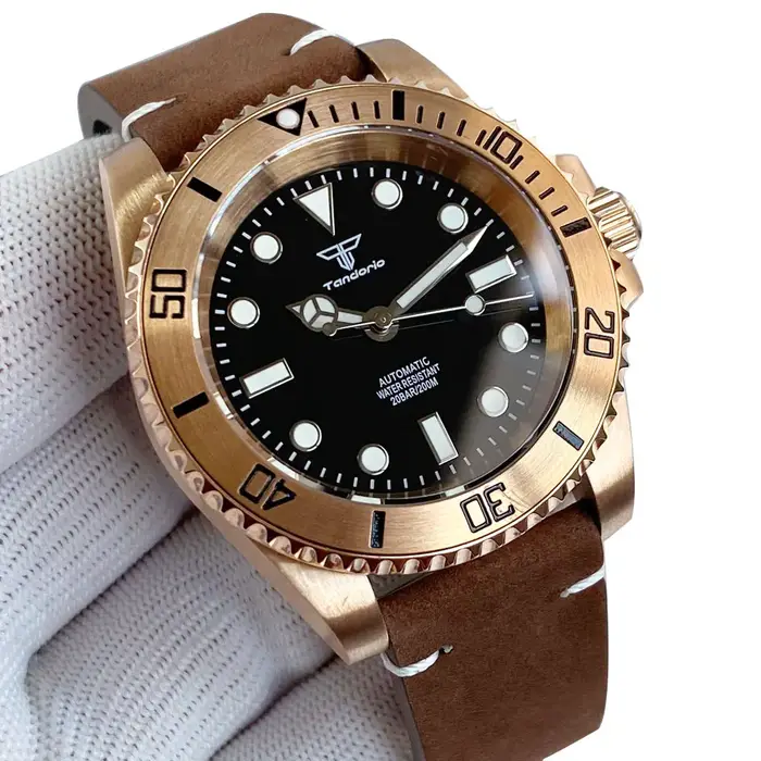 Montre automatique Tandorio Real CUSN8 en bronze avec mouvement NH35/PT5000 pour homme, résistance à l'eau 20 ATM, bracelet en cuir, occassions quotidiennes et formelles