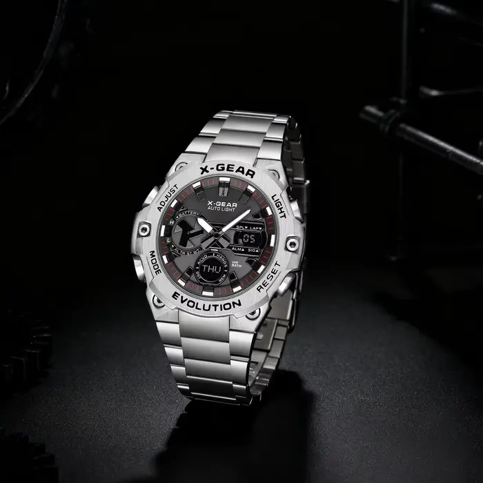 Montre multifonctionnelle pour homme X-GEAR en acier inoxydable avec rappel d'alarme