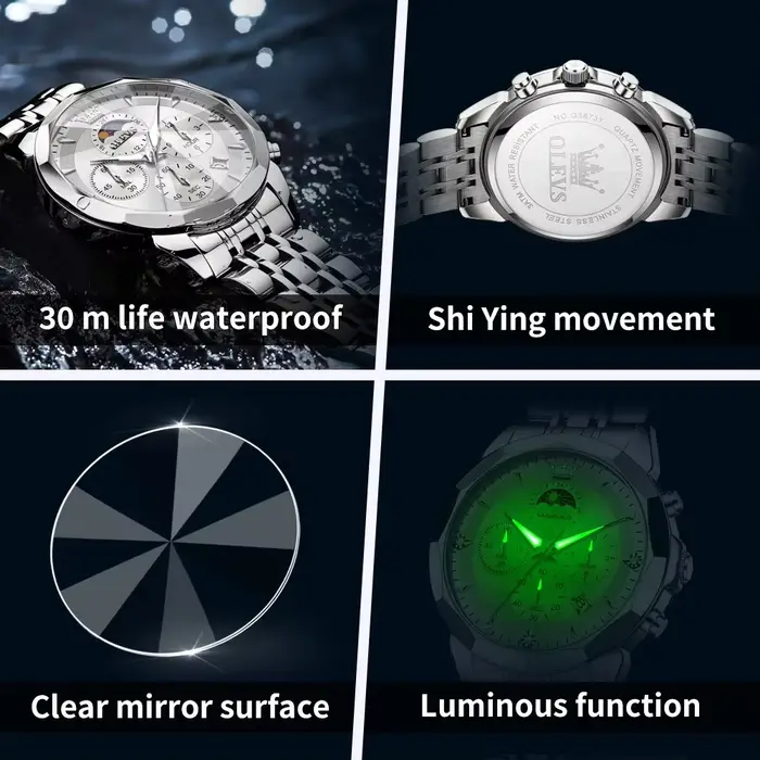 OLEVS montre homme classique Chrono Phase de lune montres à Quartz multifonctions pour hommes miroir romain bracelet en