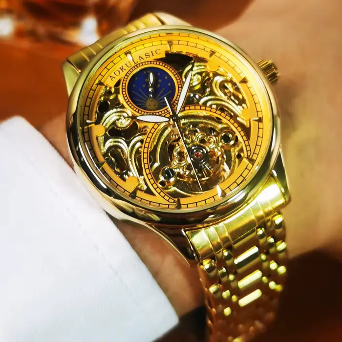 Montre automatique vintage en or homme phase de lune tourbillon squelette aiguilles lumineuses bracelet acier occassionnels spéciaux