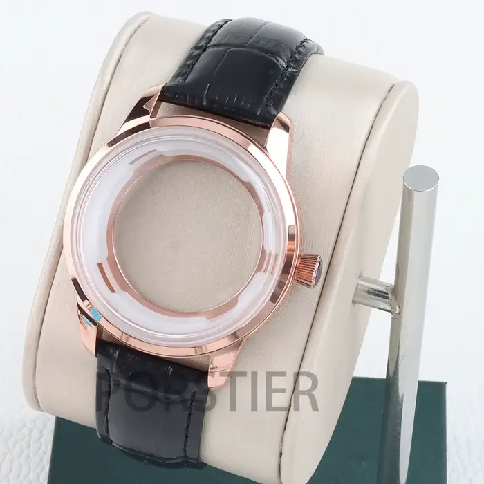 Boîtier pour homme en or rose 40 mm, verre bombé, acier inoxydable massif, pour mouvement Cocktail nh35/nh36/nh38, cadran 35 mm, bracelet en cuir 20 mm