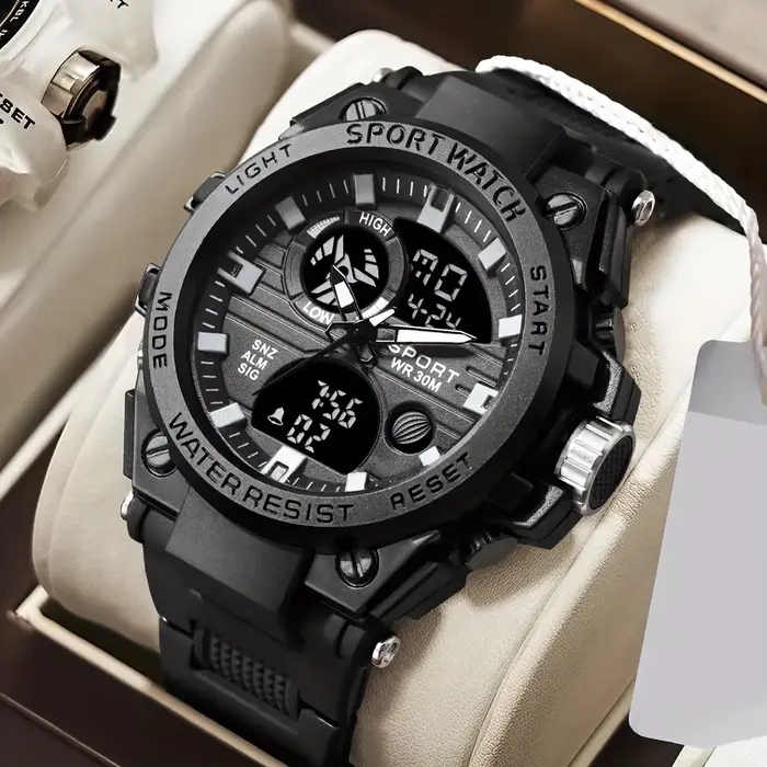 Montre multifonctionnelle de luxe avec double mouvement analogique-digital pour homme, résistante à l'eau, en alliage avec bracelet en caoutchouc, pour diverses occasions