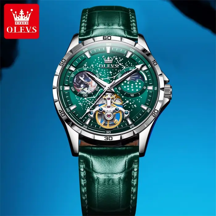 Montre Mécanique OLEVS avec Cadran Vert et Phase de Lune Élégante Bracelet en Cuir pour Hommes Occasions Spéciales Étanche Ciel Étoilé Tourbillon