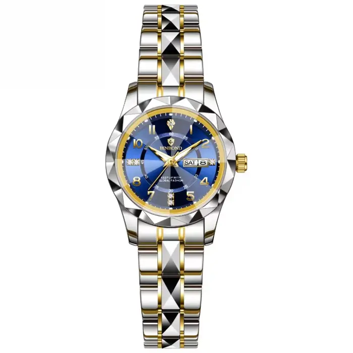 Montre pour femme avec cadran bleu, bracelet bicolore, double calendrier, élégante et simple, polyva