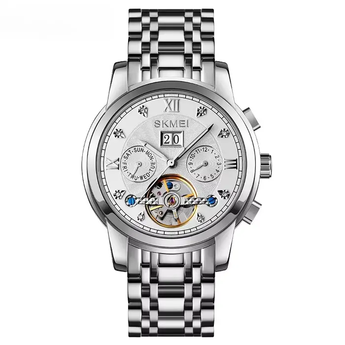 Montre squelette automatique lumineuse résistante à l'eau avec bracelet en acier inoxydable pour hommes affaires et sorties week-end
