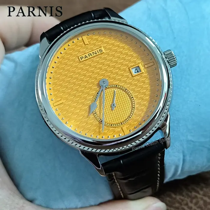 Parnis 42mm boîtier en argent cadran jaune automatique mécanique montre pour hommes réserve de marche calendrier
