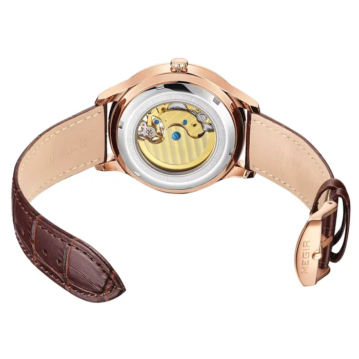 Montres mécaniques horloge multifonction Montre Homme cuir mouvement automatique 5 ATM étanche montre-bracelet creuse Megir 62070